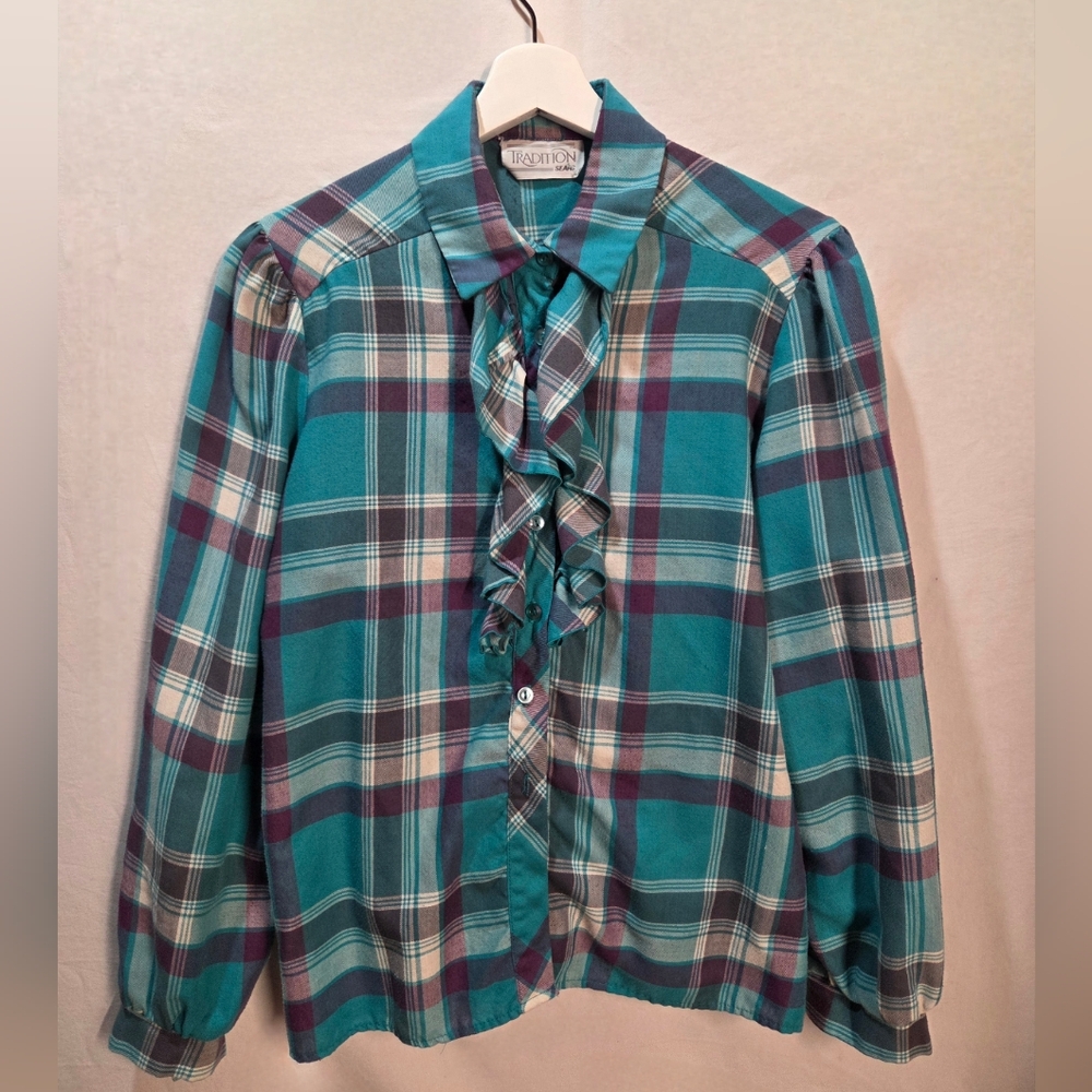 90s Ruffled Button-Up Long Sleeve Blouse Teal & Purple Plaid 90s Sears